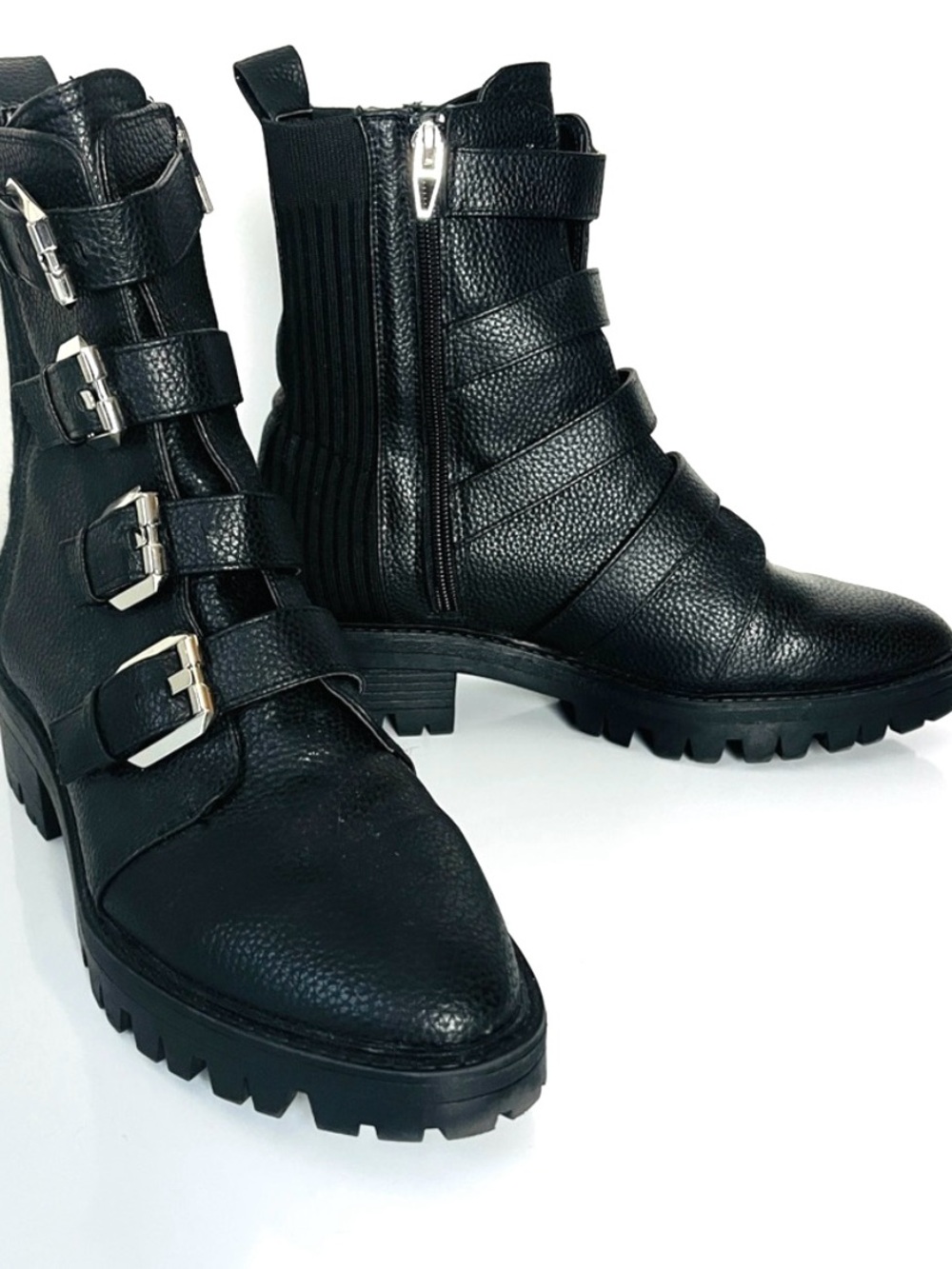 Black Vegan Leather Buckle Moto Combat Boots Lug Sole Platform • Size 8